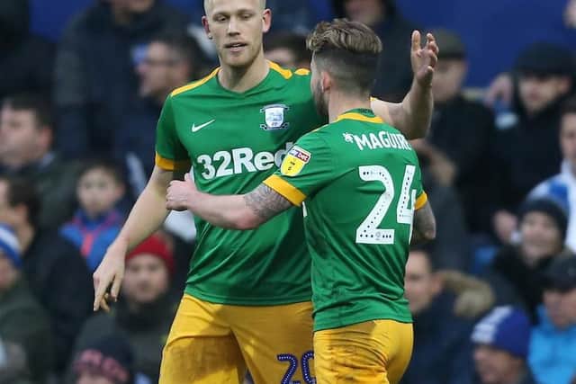 Sean Maguire congratulates Jayden Stockley on scoring his first Preston North End goal at Queens Park Rangers last month