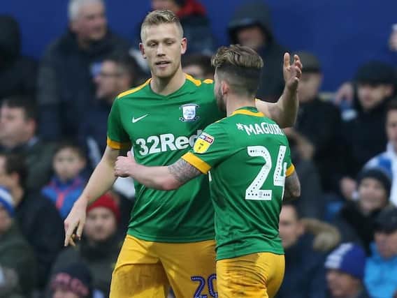 Sean Maguire congratulates Jayden Stockley on scoring his first Preston North End goal at Queens Park Rangers last month