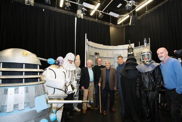 A group shot of the UCLan team filming a remake of Mission to the Unknown with original Doctor Who stars