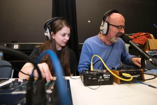 Nicholas Briggs, the voice of the Daleks, in action watched by one of the TV production students