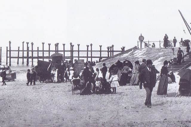 Work underway building Southport Pier in 1859