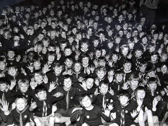 The smiling faces of a large number of Preston cub scouts, taken in 1970