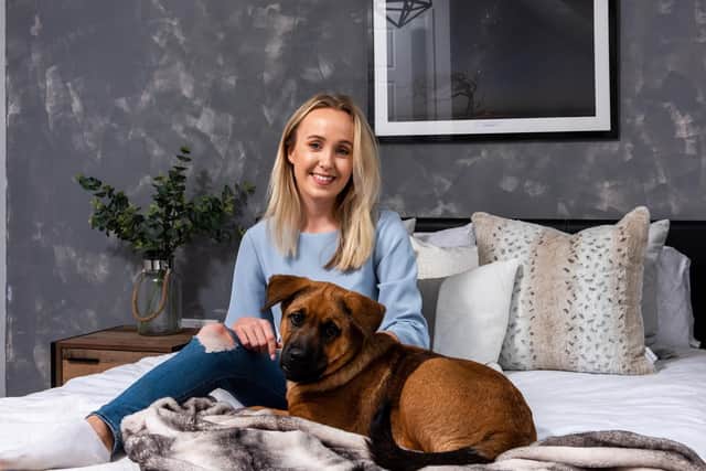 Katy has styled and decorated her home on a budget - many of her feature walls like this in her master bedroom she has hand painted