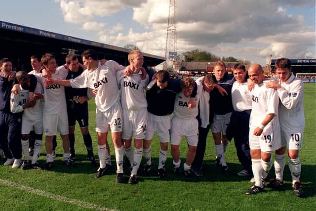 PNE players celebrate in front of the away fans at Cambridge