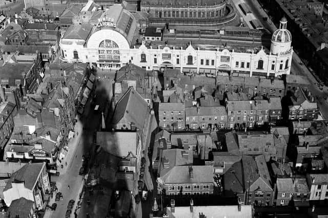 Shadow of Blackpool Tower is cast over the Winter Gardens in 1939.