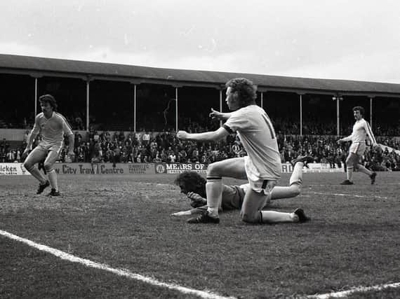 Preston striker Alex Bruce scores against Port Valeat Deepdale  in April 1976