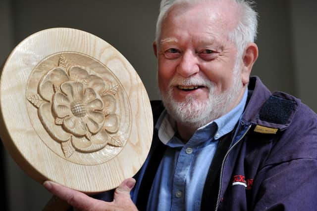 Gary Thomson from Blackpool with his carved stool with a Tudor Rose design.