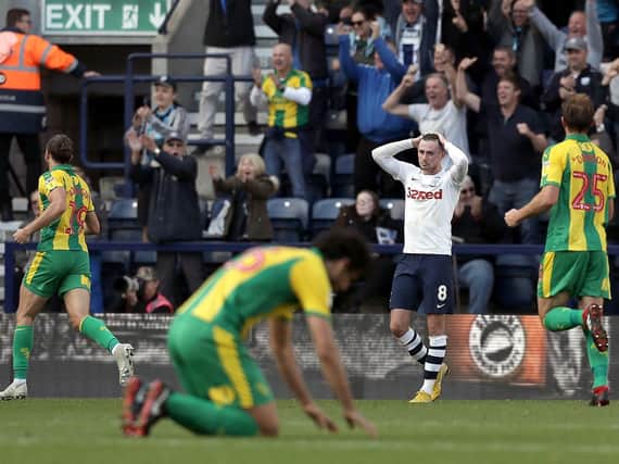 Preston midfielder Alan Browne looks dejected as West Bromwich Albion score at Deepdale in September