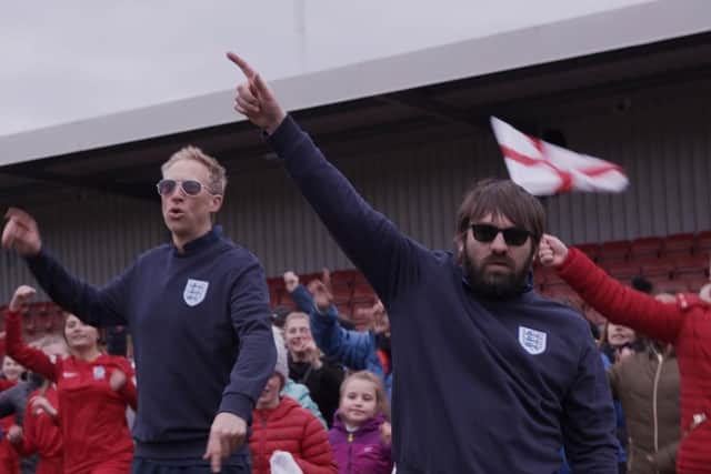 Lancashire lads Graham Haydock and Danny Clarkson singing their support for the Lionesses playing in the World Cup. Pic: Route Nine Studios