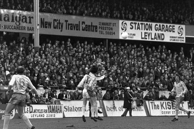 Preston's Eric Potts (partly hidden) challenges in the end with a Notts County defender at Deepdale in December 1978