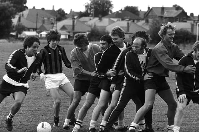 Preston players in pre-season training in 1980 - manager Nobby Stiles joining in the work