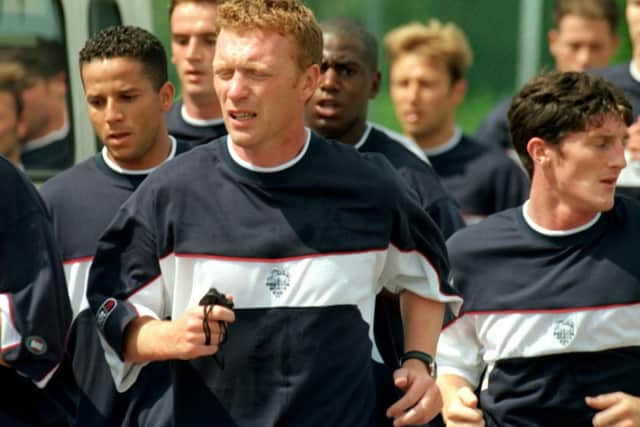 David Moyes leads his players on a run at Springfields in 1999