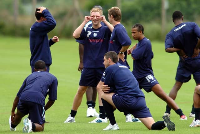 Chris Sedgwick plays the joker during a break in training in 2005