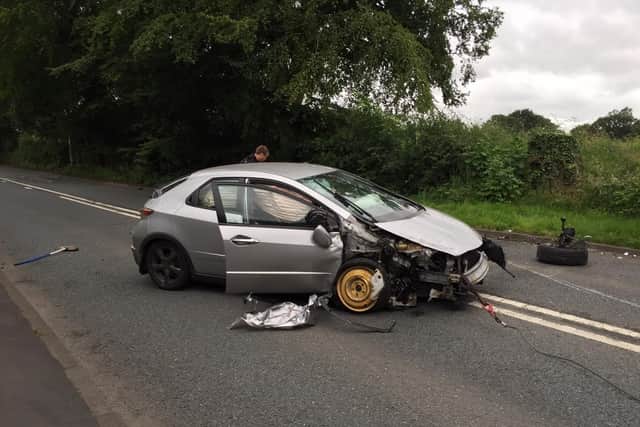 The silver Honda Civic was involved in collision with a red Ford Mondeo near the railway bridge in Wigan Road, near Buckshaw Village, this morning (July 1)