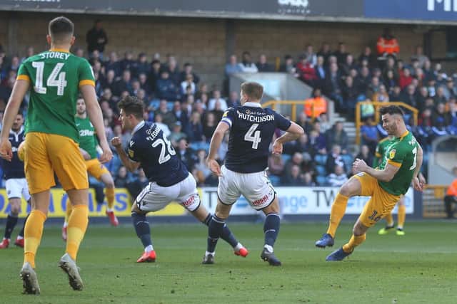 Andrew Hughes shoots Preston in front against Milwall last season