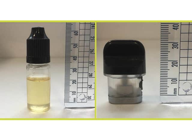 Vaping liquid which has been sold in a 10ml bottle (left) and in a cartridge that fits a vape pen which contains the designer drug Spice