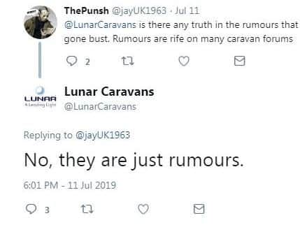 The tweet from Lunar Caravans last week denying it had "gone bust"