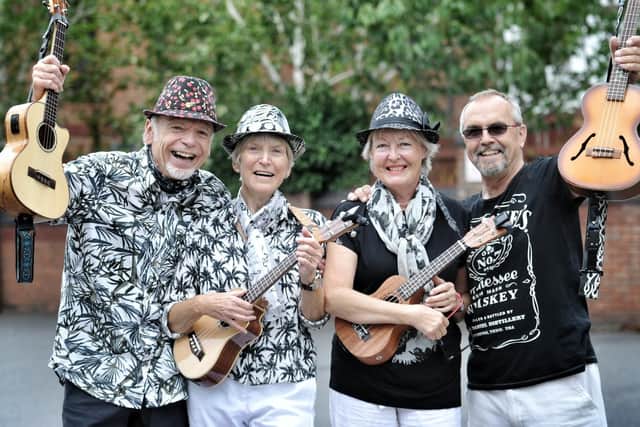 Musicians from Ukes Alive: Richard and Helen Cresswell, Christine Jones and Gary Smith