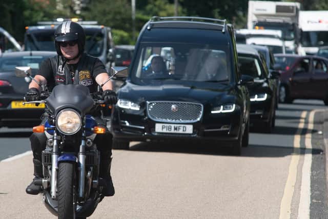 Bikers join the procession to the crematorium for the funeral of Paul Pearson who died of sleep apnoea.