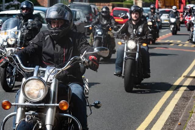 Bikers join the procession to the crematorium for the funeral of Paul Pearson who died of sleep apnoea.