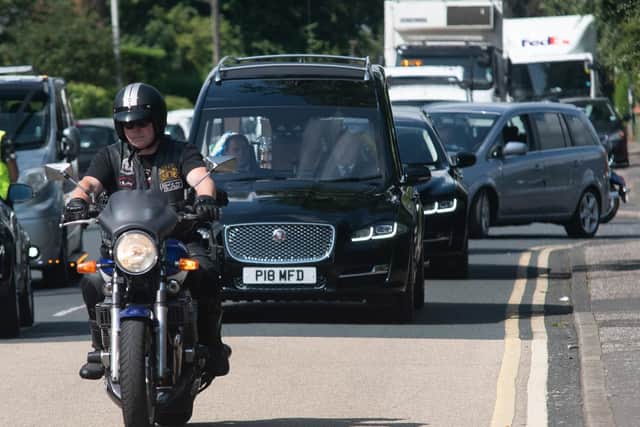 Bikers join the procession to the crematorium for the funeral of Paul Pearson who died of sleep apnoea.