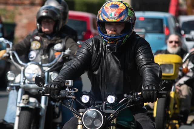Bikers join the procession to the crematorium for the funeral of Paul Pearson who died of sleep apnoea.