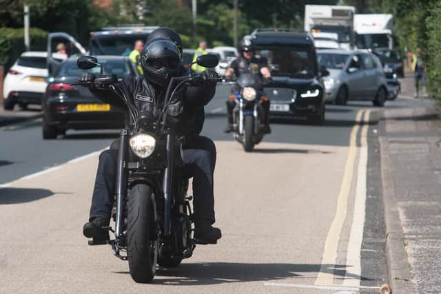 Bikers join the procession to the crematorium for the funeral of Paul Pearson who died of sleep apnoea.