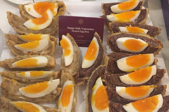 These tasted amazing. Happy Belly Vegetarian Scotch Eggs are created from sweet potato and feta. They're ideal for entertaining, even the meat-lovers.