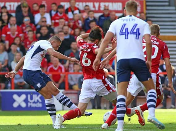 Billy Bodin fires Preston in front against Nottingham Forest at the City Ground