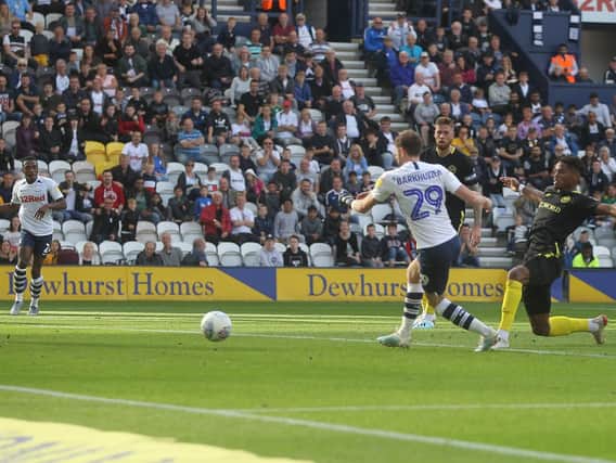 Tom Barkhuizen scores Preston's second goal against Brentford