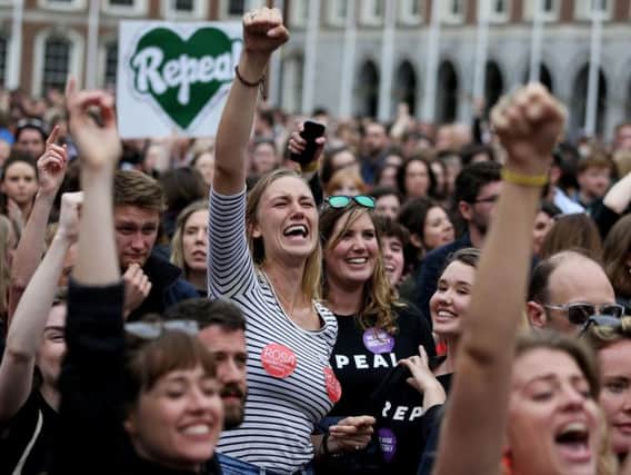 Campaigners celebrate as the official results of the abortion referendum in Ireland are revealed