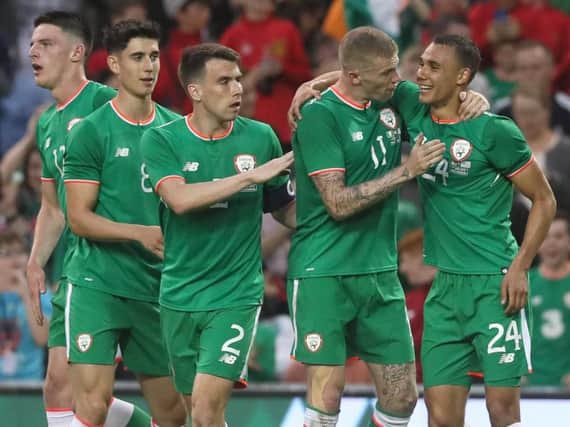 Graham Burke is congratulated on his first Republic of Ireland goal