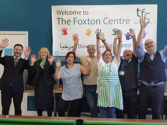 Steve Robinson and Nicola Dickinson from YBS with Foxton Centre volunteers and Jeff Marsh, chief executive of The Foxton Centre