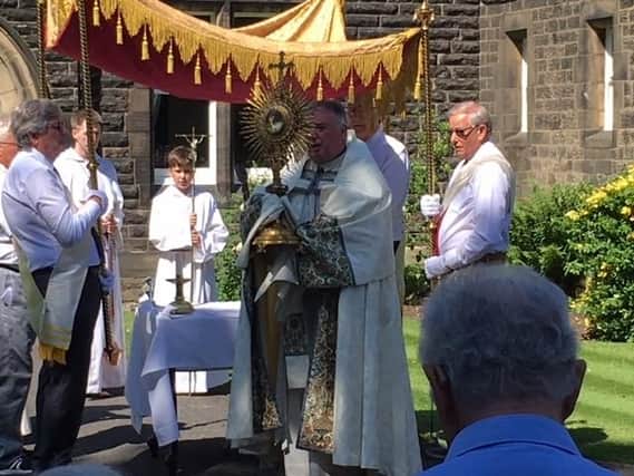 Parishioners gathered at St Marys Church, Brownedge, for the first Blessed Sacrament Procession. It was presided by Fr Mark Harold, assisted by Fr Colin Battell