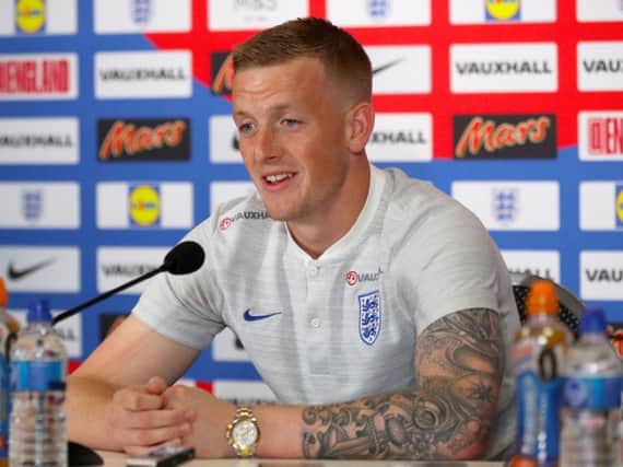 Jordan Pickford speaks to the press ahead of England's game against Belgium
