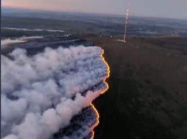 An aerial view of the Winter Hill blaze