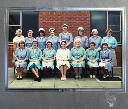 St Marys Infant School, Leyland, 1989. Pamela Mills is front row centre. Headmistress Annette Allen far right stood up