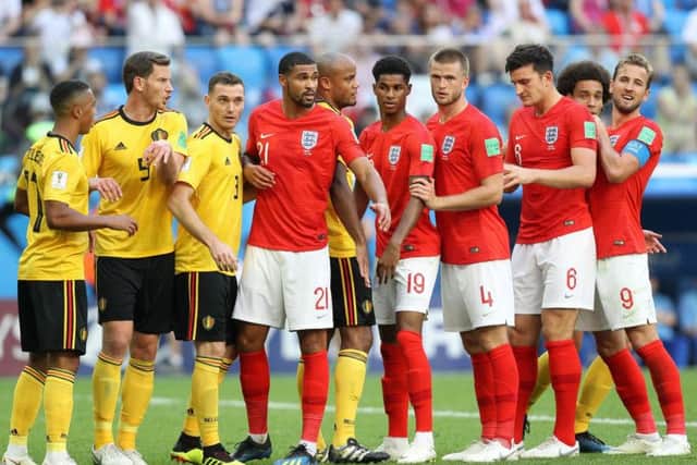 England line-up for a corner against Belgium