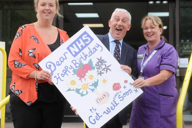 Chorley MP Lindsay Hoyle and Lancashire County Coun Kim Snape present a birthday card to NHS staff