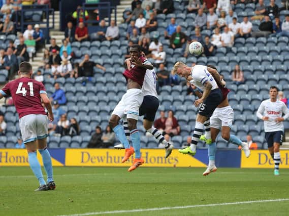 Tom Clarke heads home for PNE in the first half