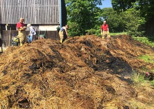 Firefighters allow the hay to burn itself out in the open