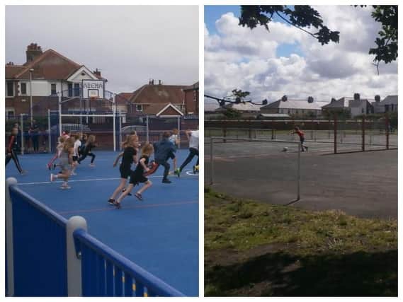 Children playing on the new sports pitch and, what it used to look like before its 44,352 overhaul