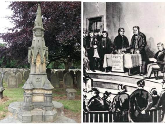The Preston Abstinence Memorial in Preston Cemetery and an illustration of the Father of Teetotalism, Joseph Livesey, from Walton-Le-Dale.