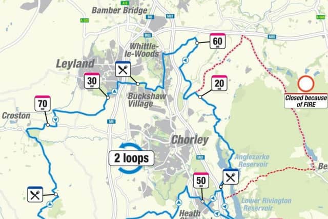 The route in red was cancelled this year due to the Winter Hill fire