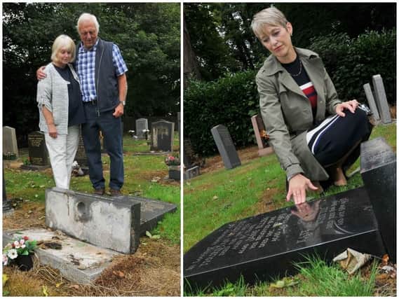 Vera and Robin Stopforth with their relative's gravestone (left) and Carol Wignall with the gravestone of her grandparents