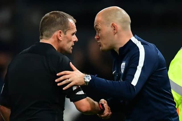 Alex Neil shakes hands with referee Geoff Eltringham after PNE's game at Derby last season