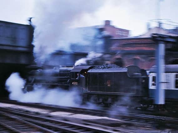 Class 5 45212 is departing from Preston station on  August 3, 1968 with the through coaches from Euston, which formed the 20.50 Preston - Blackpool train.