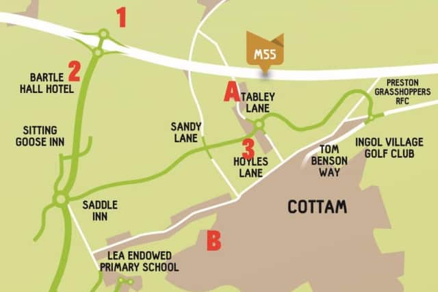 Map Key: 1: New M55 junction. 2: Preston Western Distributor. 3: East West Link Road. 4: Cottam Link Road. A: North West Preston housing area. B: Cottam Hall housing area