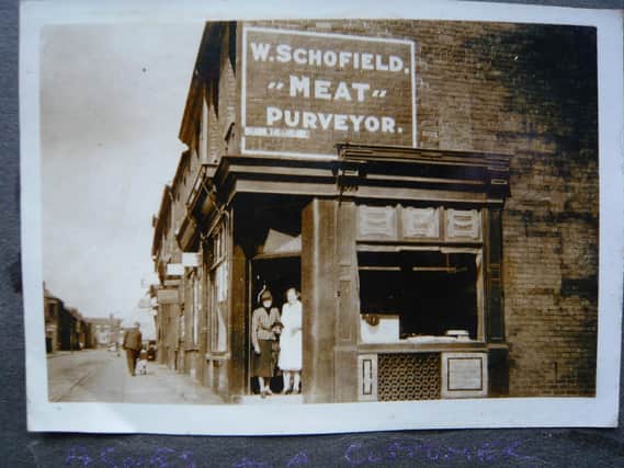 Photo shows the mother of Eric Whiteside, a master at Hutton Grammar School, with Mrs Schofield, outside the butchers' at Wellington Road, Ashton, in the 1940s.
Courtesy of Frank Schofield