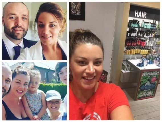Pictured top left, Lyndsey and husband Paul, pictured bottom left, Lyndsey, husband Paul and their children, pictured right Lyndsey with Body Shop products